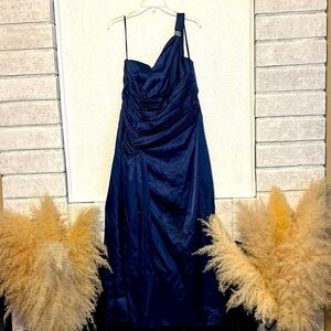 Juno Dress Collection dark blue satin, you one shoulder strap, dress size XL